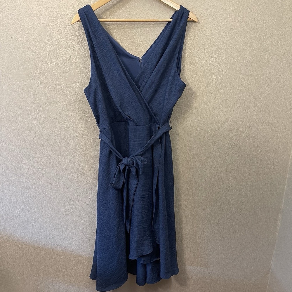 DNKY Faux Wrap Dress Tie Belt Blue Wedding Guest Costal Vacation Resort Size 16